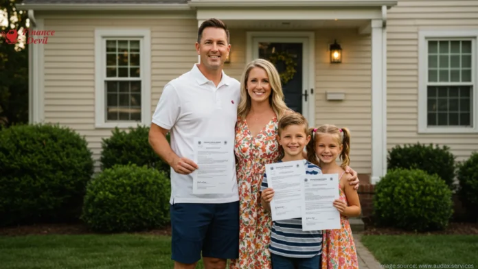 Happy-Connecticut-family-in-front-of-their-home-holding-insurance-documents